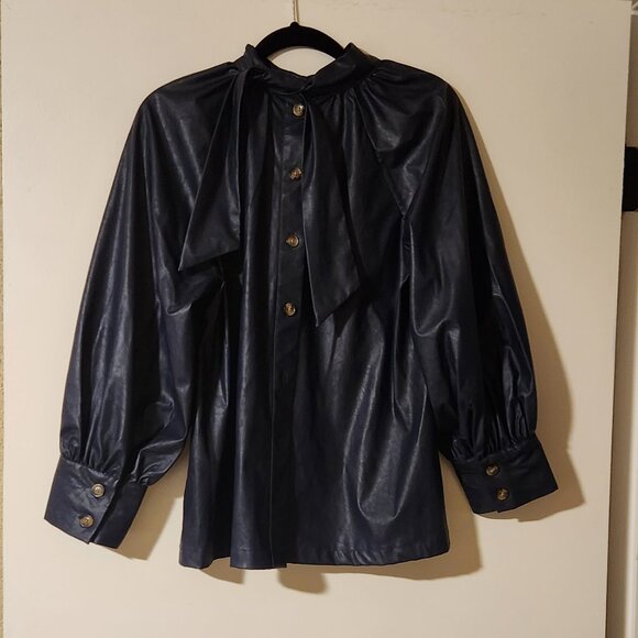 Rachel Comey NWT Medium Deep Navy Faux Leather Blouse Tie in the back - Picture 2 of 5
